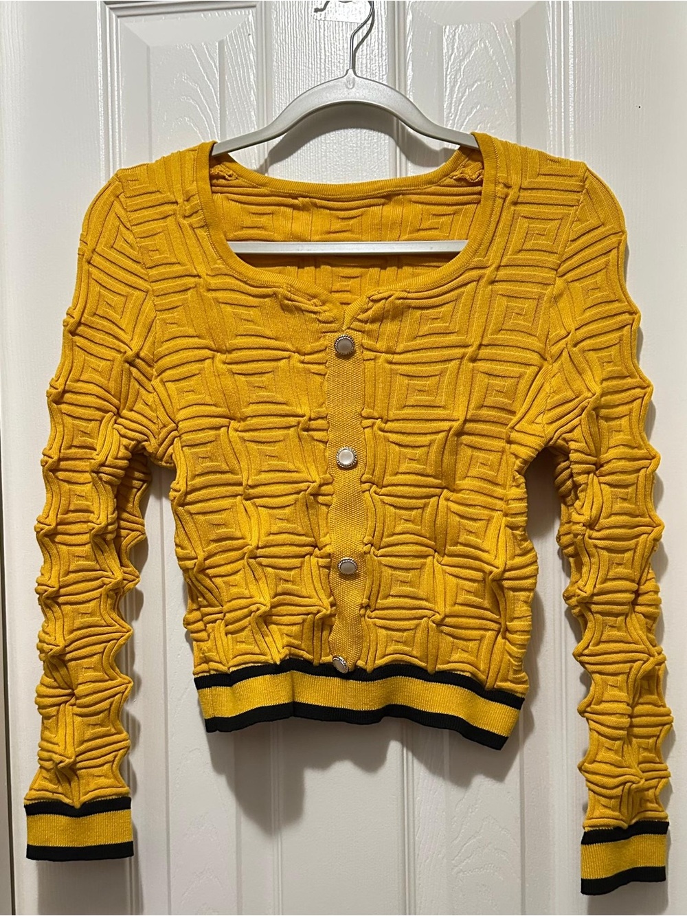 SHEIN Yellow Textured Button-Up Cardigan with Striped Trim